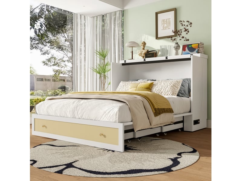  Lit escamotable, 140x200 cm, couchage escamotable, avec tiroirs, usb et prise, matelas non inclus, mdf, coloris blanc  - Conforama D