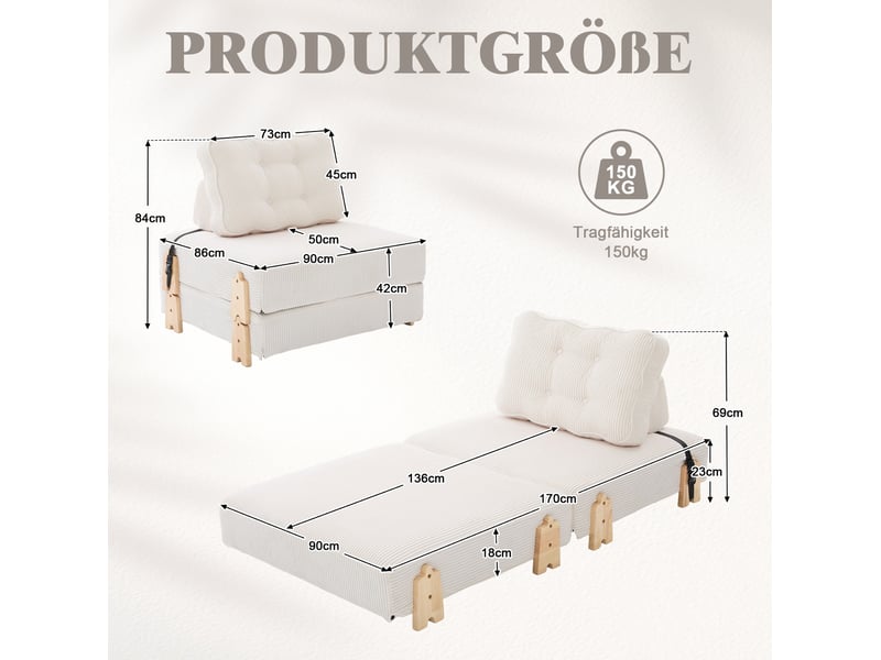  Fauteuil convertible 90x86x84 cm en velours côtelé beige sans matelas  - Conforama E