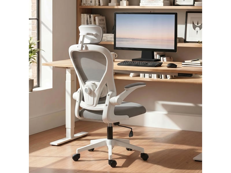  Chaise de bureau ergonomique avec accoudoirs relevables et soutien lombaire réglable, grise  - Conforama C
