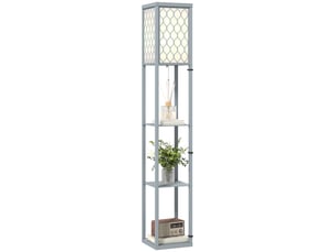 Lampadaire avec étagères, 3 niveaux ouverts, gris clair, abat-jour textile et éclairage d’appoint pour salon