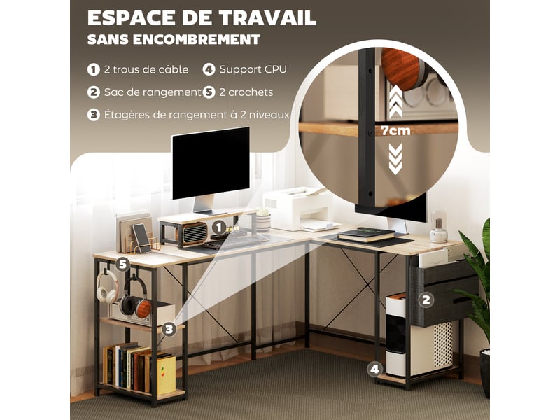  Bureau d'angle modulable réversible 168-240 cm style industriel - étagère réglable, sac de rangement, support d'écran  - Conforama E