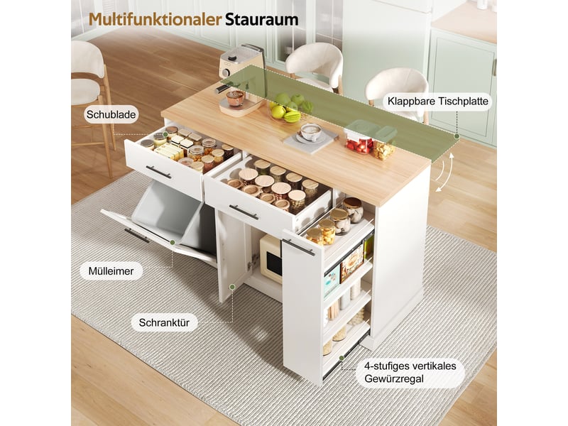 Desserte de cuisine avec 2 tiroirs, étagère 4 niveaux, compartiment poubelle et plateau rabattable 120×70×93 cm - Conforama E