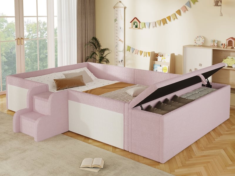  Lit rembourré en tissu velours, 140 x 190 cm, petit escalier, banc de lit avec coffre de rangement, sans matelas, rose  - Conforama B