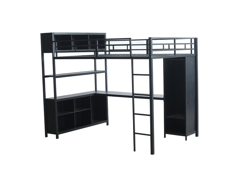 Lit mezzanine noir 140x200 cm avec bureau, rangement et placard - Conforama D