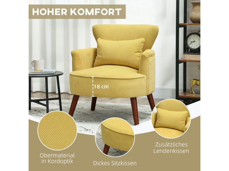 Fauteuil moderne, fauteuil d'appoint rembourré avec coussin lombaire, pieds en bois d'hévéa, jaune  - Conforama W