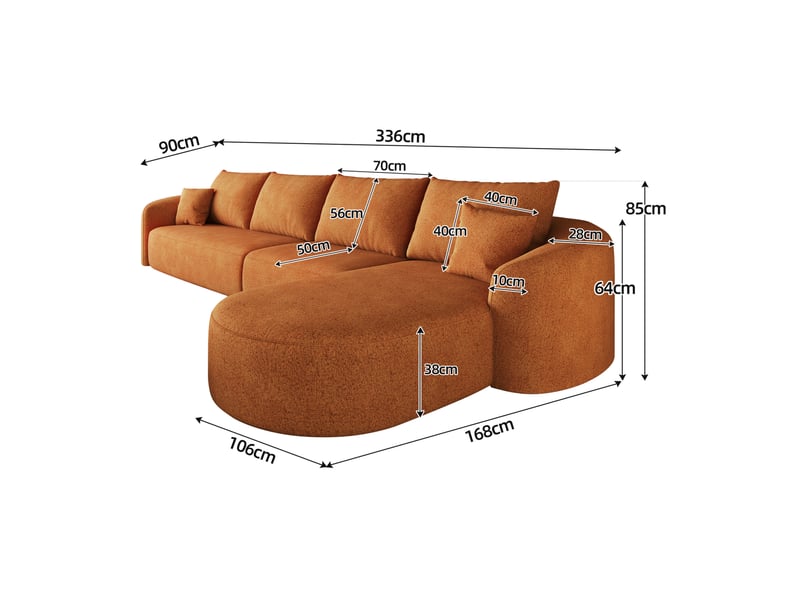 Canapé d'angle droit 4 places modulaire sans montage, mousse haute élasticité en chenille orange, 336 × 168 × 85 cm - Conforama C