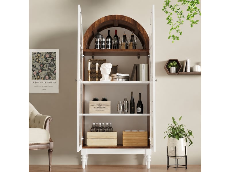 Meuble de cuisine muvano, armoire vitrine avec portes doubles en verre strié, blanche, 165 cm - Conforama C