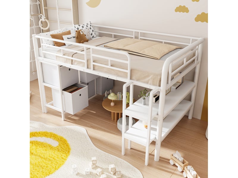  Lit mezzanine enfant 90x200 cm en métal avec rangements et escalier, blanc  - Conforama D