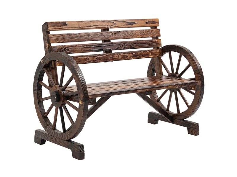 Banc de jardin 2 places 105,5x56x79 cm – marron – accoudoirs roues de chariot en bois, style rustique - Conforama A