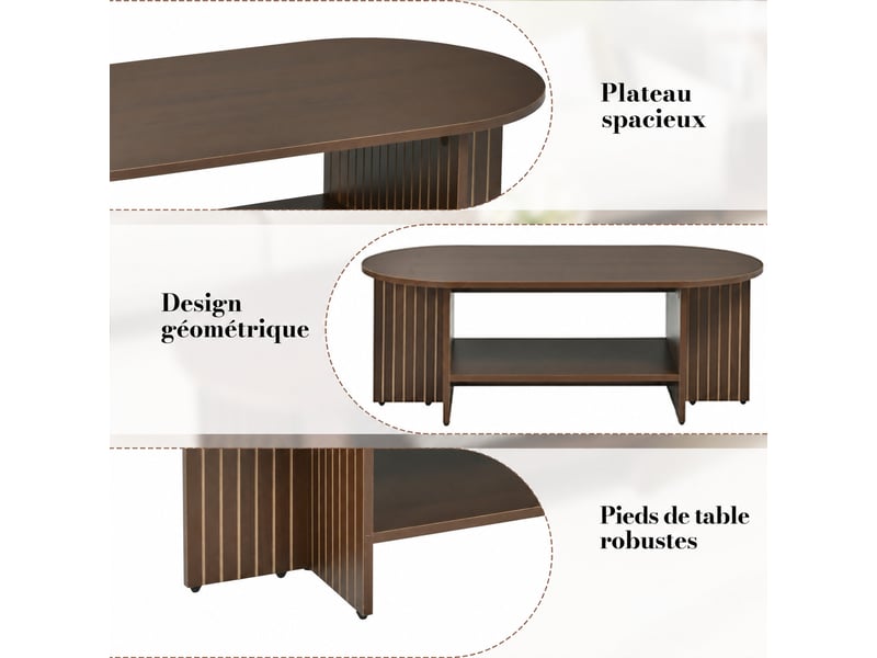  Table basse ovale 100 x 49 x 35 cm noyer en mdf, étagère basse, côtés rainurés, meuble de salon moderne  - Conforama D