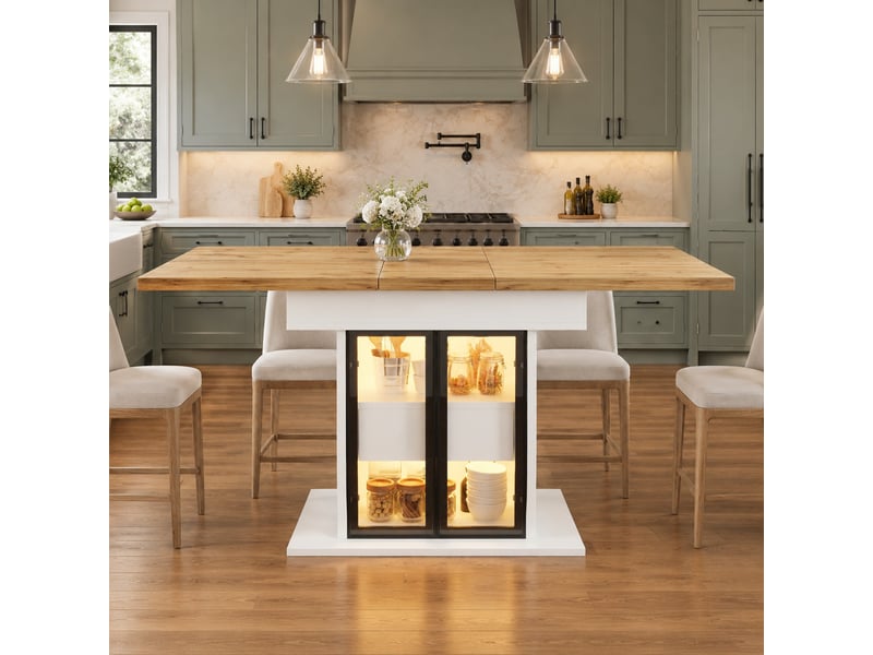 Table à manger extensible avec rangement et éclairage del rvb - lpospi - portes vitrées mdf métal blanc - Conforama C