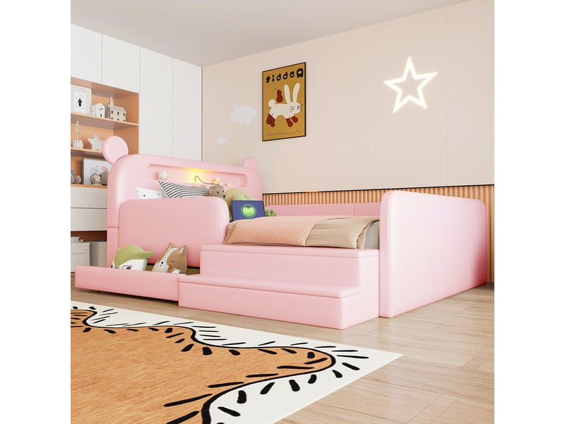  Lit enfant 140x200 cm rose en similicuir avec tête de lit ours, nuit led, usb, rangement et marche  - Conforama W