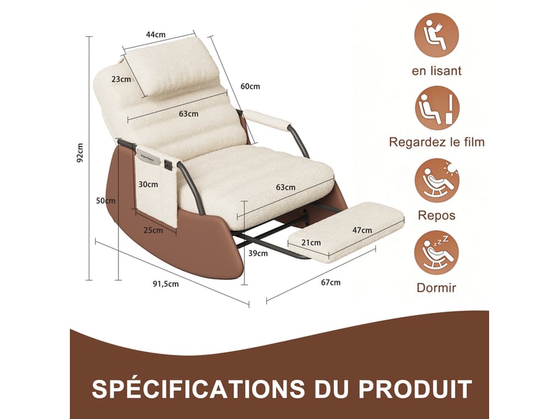  Fauteuil à bascule en laine d'agneau - 91.5 x 67 x 92 cm-beige - chaise à bascule ergonomique avec repose-pieds et dossier réglable  - Conforama B