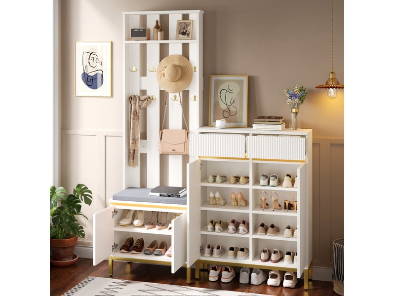  Vestiaire d’entrée avec banc, meuble à chaussures et led, 80x35x103 cm blanc  - Conforama B