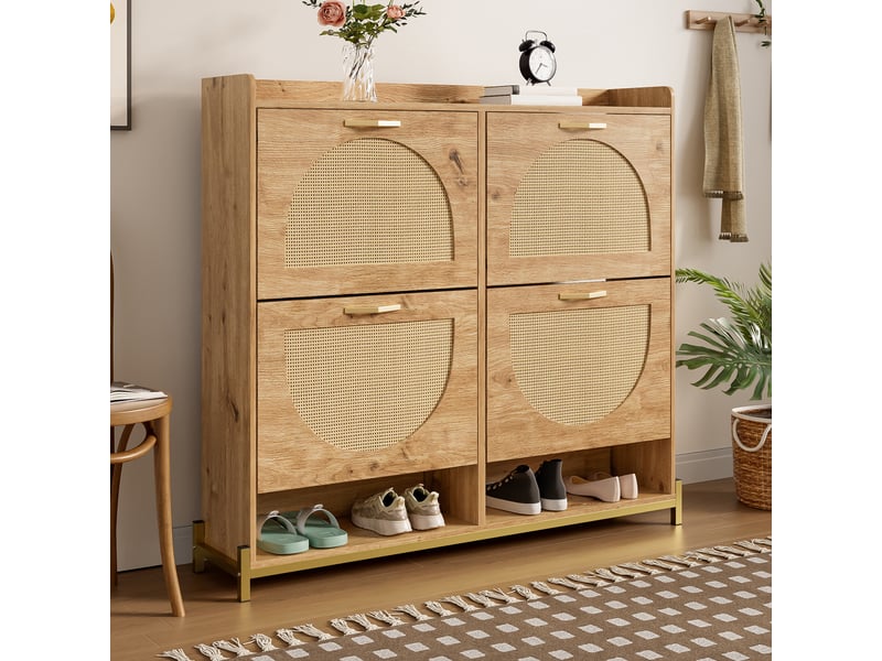  Meuble à chaussures 16 paires l108.5xp24xh100cm | 4 portes cannage rotin et métal | plateau rebord gain de place - naturel DreamMespace - Conforama B