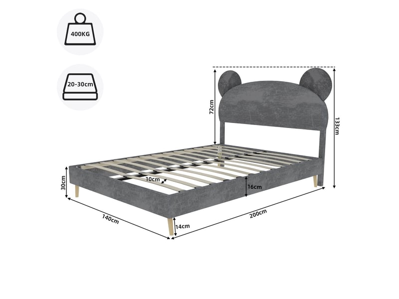  Lit rembourré 140x200 tête de lit oreilles d'ours - lit adulte - tissu gris, design moderne, coins arrondis, sans matelas  - Conforama C