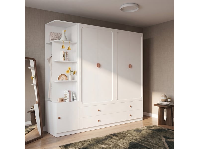  Armoire dressing blanche 225x45x200 cm avec 3 penderies et 4 tiroirs  - Conforama D