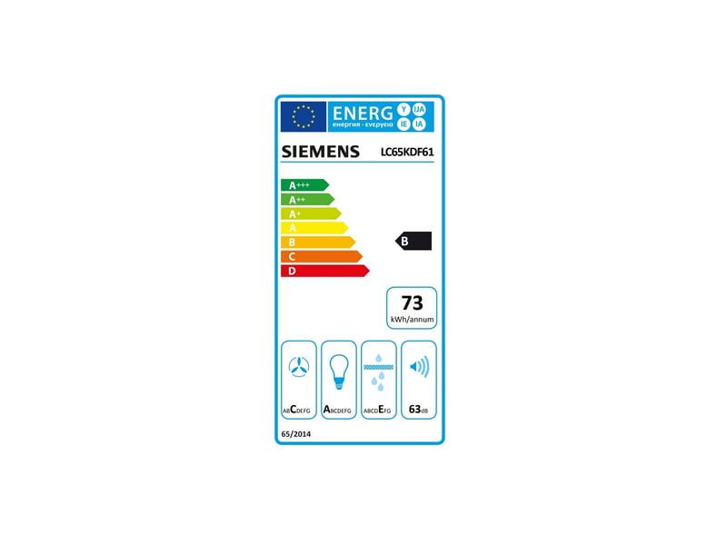  Siemens - hotte décorative. 60 cm. Iq300. Noir. 3 niveaux. Evacuationrecyclage. Evac. Air mode normal max mode intensif : 560 m3h. 63 db. Touchcontrol. Led 2x2.5w. Classe énergie b  lc65kdf61 - LC65KDF61 - Conforama B