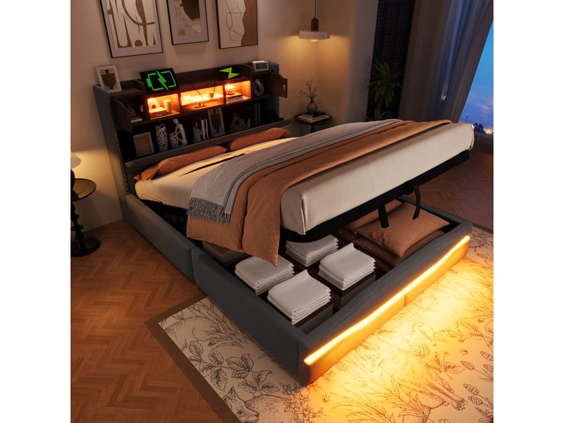  Lit rembourré, 140 x 200 cm, avec prise de chargement usb-c, éclairage d'ambiance sous le lit, tête de lit avec compartiment de rangement, lit coffre hydraulique, sans matelas, avec éclairage led, gris  - Conforama B