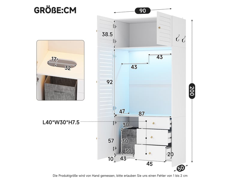  Armoire 2 portes avec panier à linge et led 90x50x200 cm blanc  - Conforama C