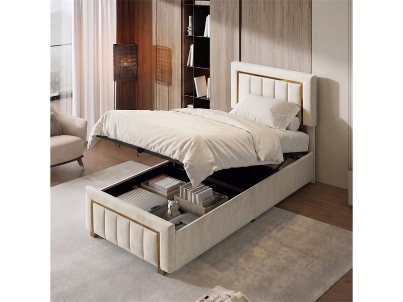  Lit 90x200 cm - lit coffre 90x200 cm - lit simple capitonné avec tête de lit réglable et liseré doré - velours beige  - Conforama B