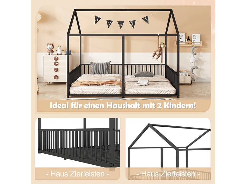 Lit superposé enfant 90x200, lit cabane en métal, lit enfant noir avec échelle et barrière, cadre robuste, sans matelas - Conforama E
