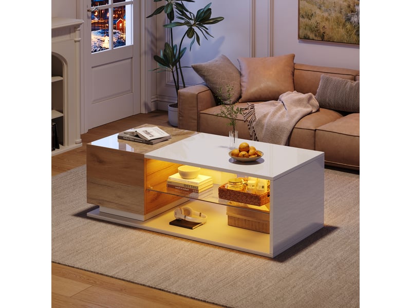  Table basse led avec contrôle par application, table de salon avec espace de rangement, 105x50x36cm, blanc et chêne.  - Conforama B