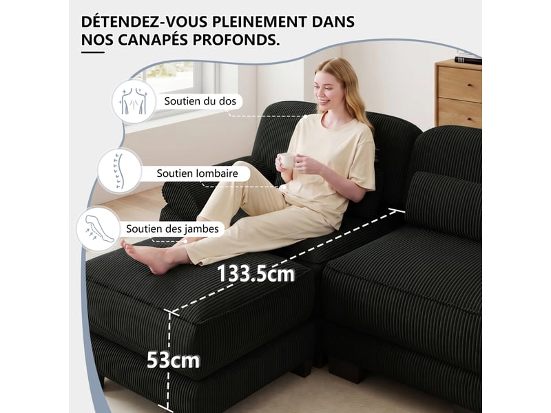Canapé modulable 4 places en velours côtelé noir avec pouf, assise profonde pour salon - Conforama E