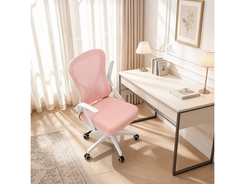  Chaise de bureau ergonomique 47 x 42 x 102-111,5 cm - fauteuil de bureau pivotant avec accoudoirs pliables - dossier en tissu maille respirant - rose  - Conforama D