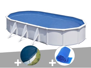 Kit piscine acier blanc gré fidji ovale 6,34 x 3,99 x 1,22 m + bâche hiver + bâche à bulles