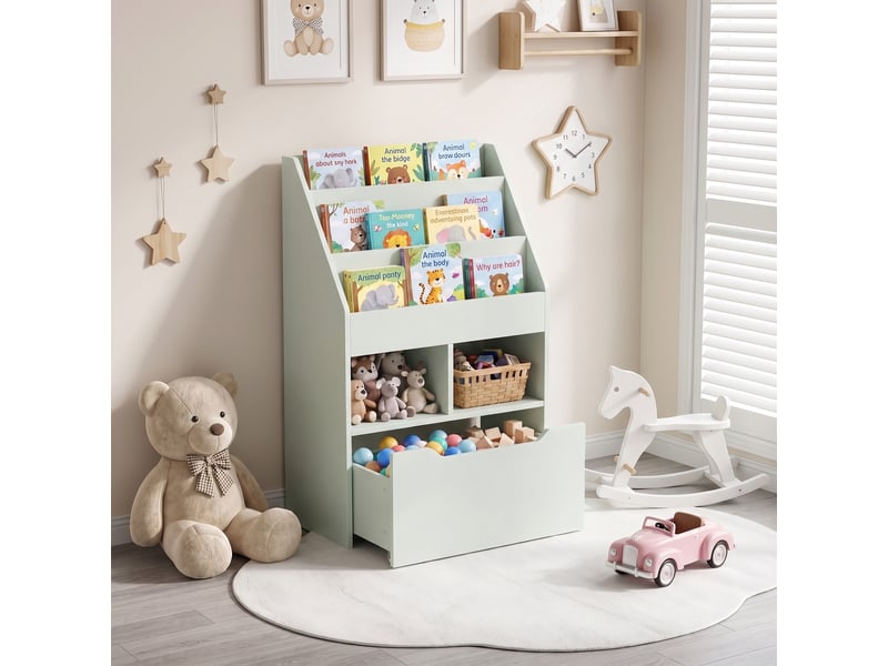  Bibliothèque en bois pour enfants avec 3 compartiments, 2 cubes et un tiroir mobile à 4 roulettes, 60 x 29,9 x 90 cm, verte  - Conforama C