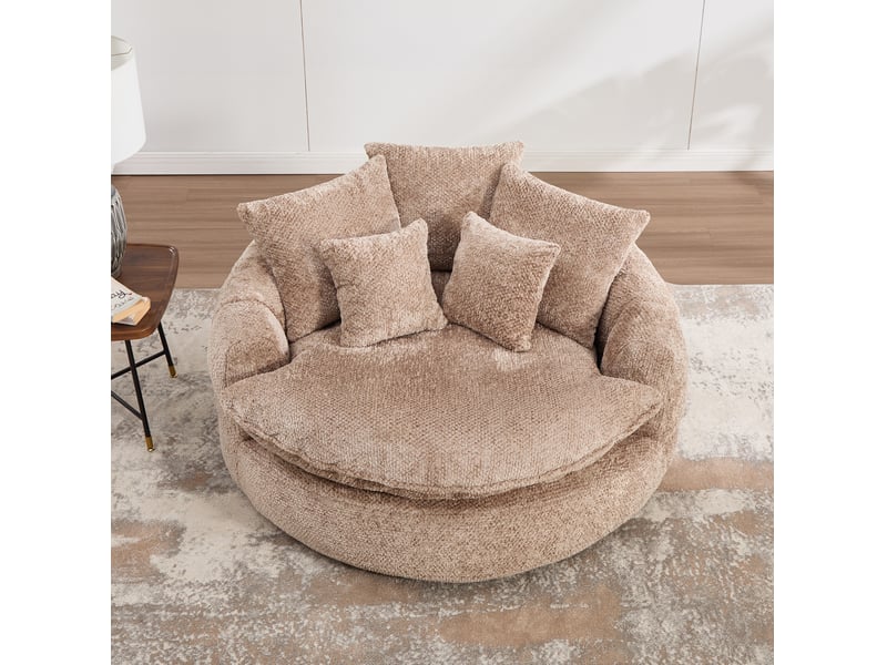  Fauteuil rond surdimensionné 138x190.5x63 cm, dossier large, coussins inclus, mousse dense, polyester, café  - Conforama B
