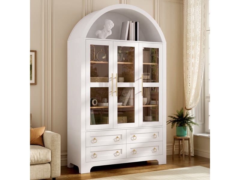  Buffet blanc 110x40x185 cm mdf et panneaux de particules 3 portes vitrées 4 tiroirs rangement ouvert Sol Morn - Conforama D