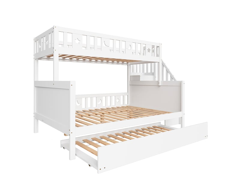  Lit superposé enfant avec escalier de rangement et lit gigogne, bois blanc, couchages 90x200 et 140x200 cm  - Conforama W
