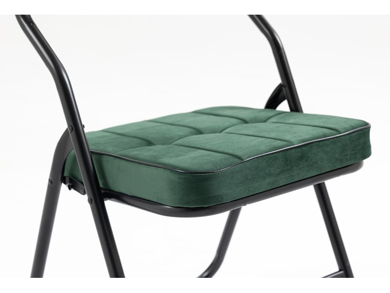 Lot de 2 chaises pliantes 47x46x80 cm, assise et dossier rembourrés courbés, velours vert, structure en acier  - Conforama E