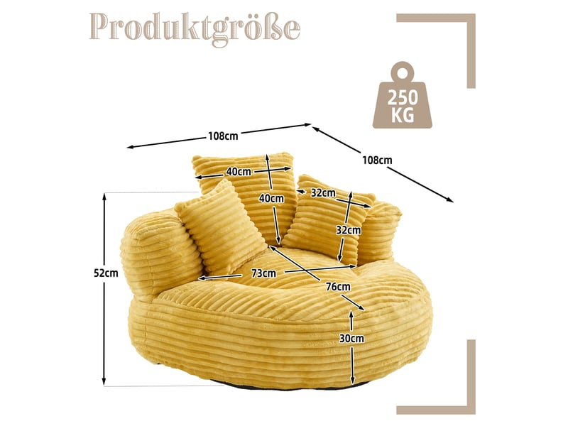  Fauteuil poire tcqpz en velours côtelé jaune moutarde 108 x 108 x 52 cm avec dossier haut et 3 coussins  - Conforama C