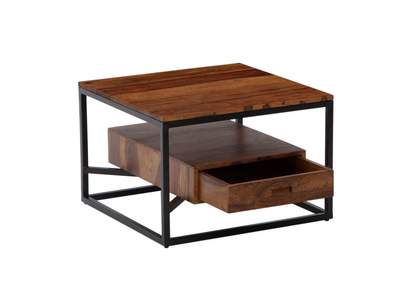 Finebuy table basse de salon sheesham bois massif et métal 60x60x40 cm carré ; petite table de canapé avec tiroir marron ; design table d'appoint style industriel avec rangement  - Conforama A