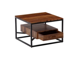 Finebuy table basse de salon sheesham bois massif et métal 60x60x40 cm carré | petite table de canapé avec tiroir marron | design table d'appoint style industriel avec rangement