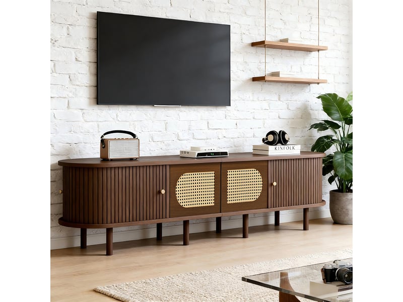 Meuble tv ovale 180x40x40 cm noyer foncé design rotin 2 portes 2 portes coulissantes meuble bas salon mdf pour tv jusquà 80 pouces  - Conforama D