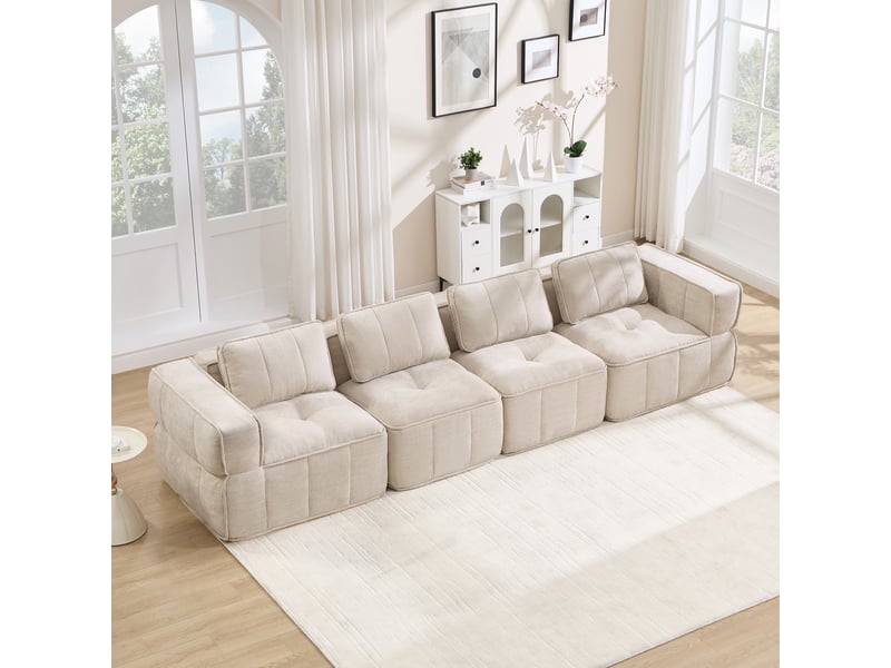  Canapé droit modulable 4 places en polyester beige, 344 cm  - Conforama D
