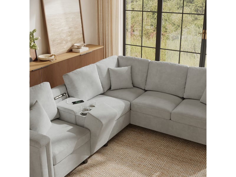 Canapé d'angle modulaire,5 places, avec porte-gobelets, ports de charge usbtype-c,235 × 208 × 83 cm,gris - Conforama E
