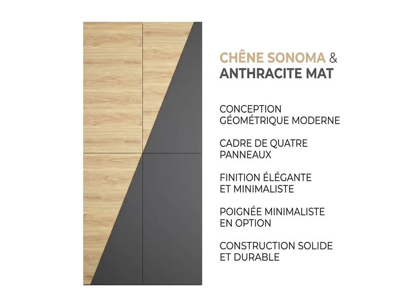  Armoire 8 portes 180x50x200 cm avec 6 tiroirs et 2 tringles, penderie chêne moderne  - Conforama C