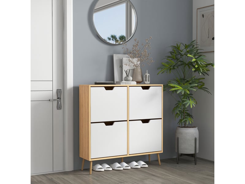 Meuble à chaussures avec 4 tiroirs abattants et étagères réglables, capacité de 16 paires, 95 x 26 x 95 cm, naturel - Conforama B