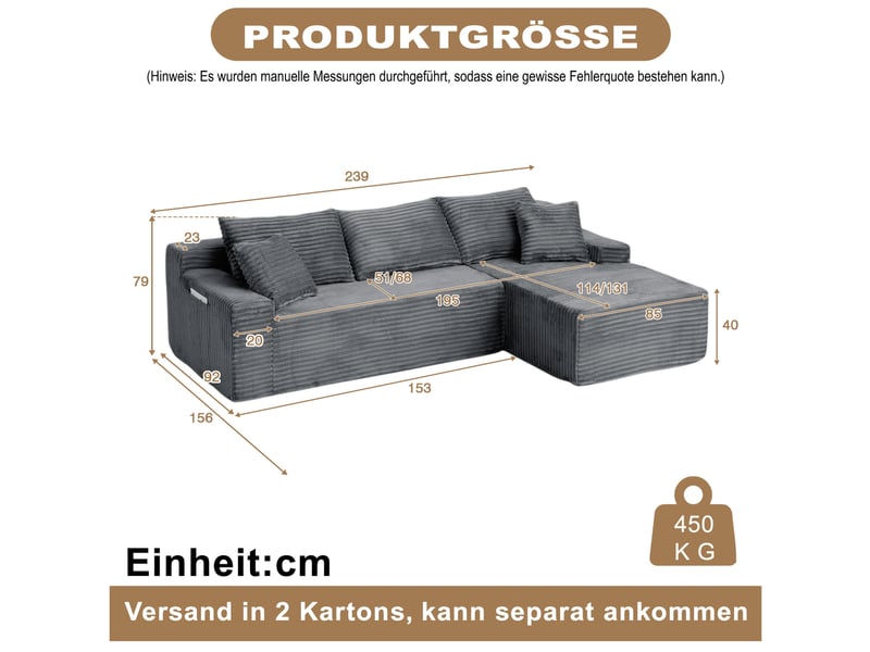  Canapé d’angle modulable droit  compressé 4 places en mousse et velours côtelé couleur gris, style moderne  - Conforama C