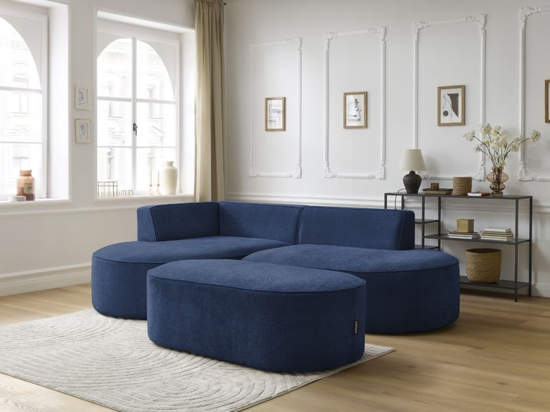  Bobochic canapé d'angle fixe rousseau tissu texturé avec pouf bleu foncé  angle gauche ROUSSEAU - Conforama C
