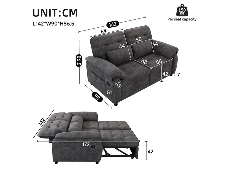  Canapé-lit tcqpz 3-en-1 2 places 142 x 90 x 86,5 cm convertible avec dossier réglable et port usb gris en chenille  - Conforama C