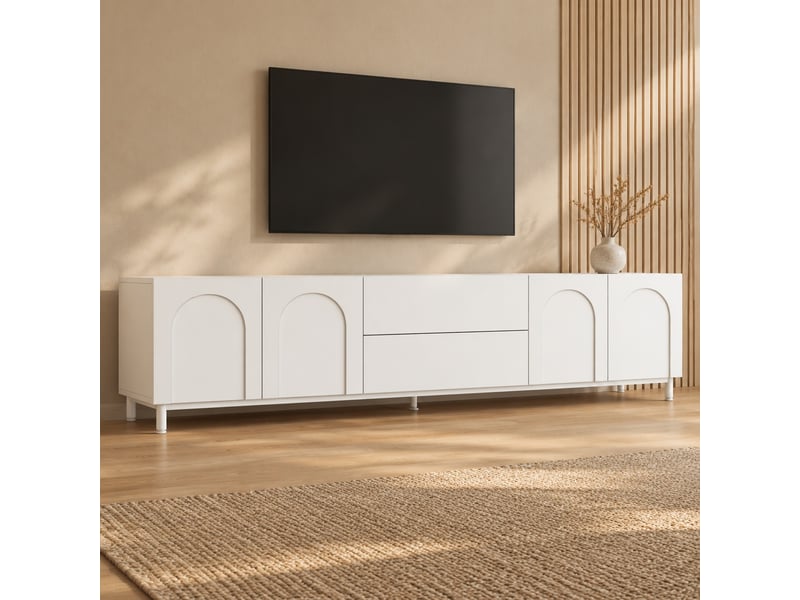  Meuble tv blanc 180 x 40 x 48 cm avec 4 portes et 2 tiroirs  - Conforama B