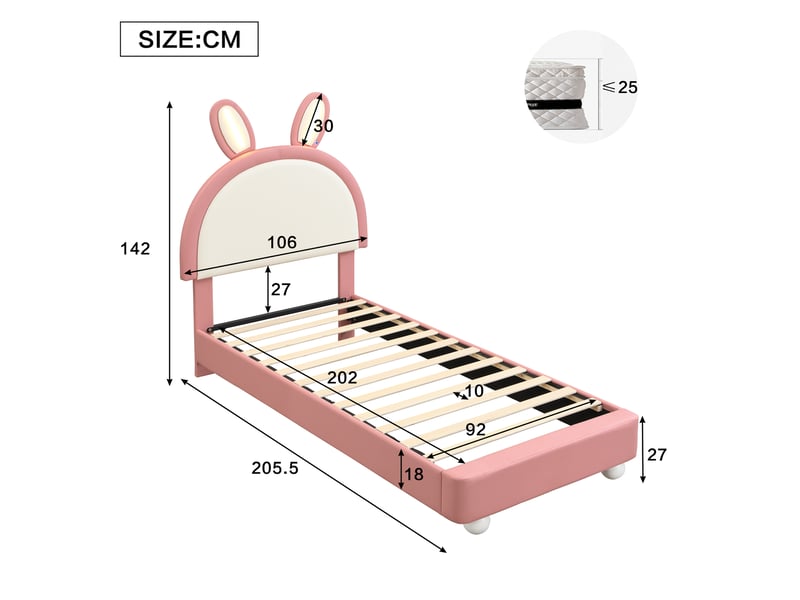  Lit enfant 90 × 200 cm 1 place avec led et bord antichoc, sans matelas, en pu rose et blanc  - Conforama D