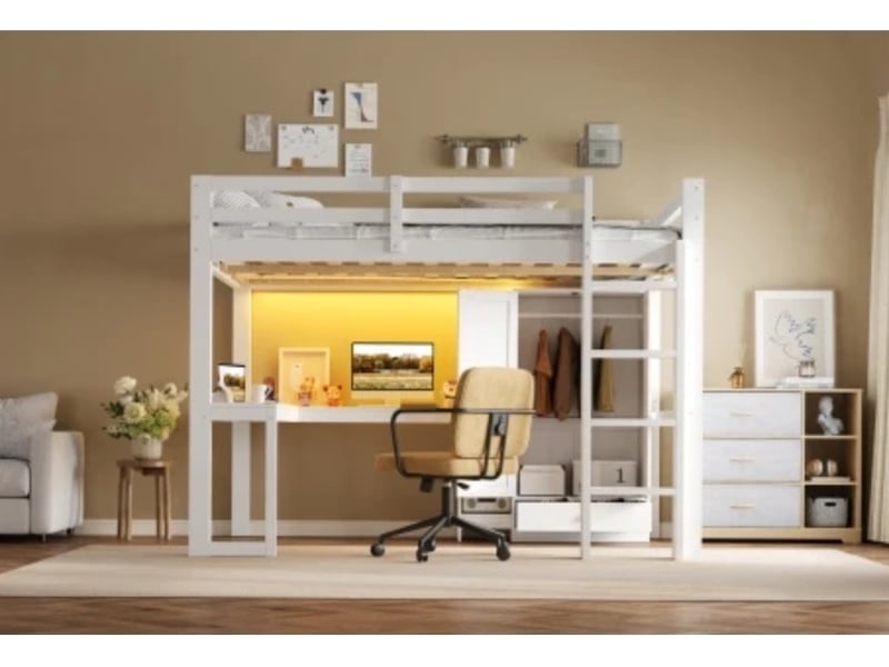  Lit surélevé 140×200 cm, bureau + étagères + armoire + usb + led, blanc  - Conforama B