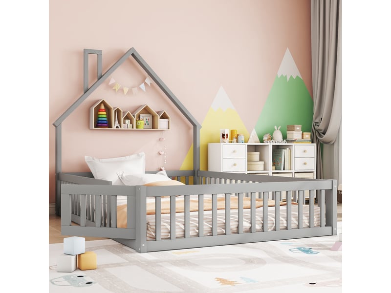  Lit enfant 140x200 gris, lit cabane avec cheminée et barrières, cadre en bois de pin, sommier inclus, style minimaliste.  - Conforama D
